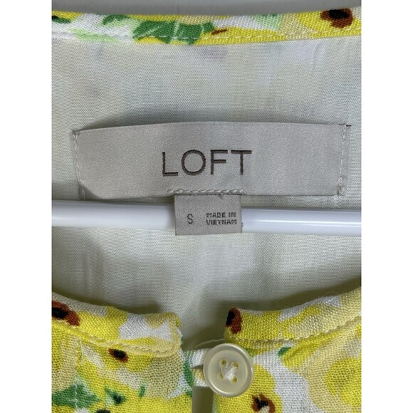 Loft Floral Pintucked Pleated Yellow Side Tie Button Flutter Sleeves Dress Sz S - Picture 5 of 12